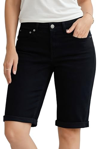 NOROZE Damen Jeansshorts – Knielange Stretch-Jeans für Damen mit Taschen – Sommer-Bermudashorts mit Umschlagbund – Leicht & Bequeme Passform – Größen 34 bis 48