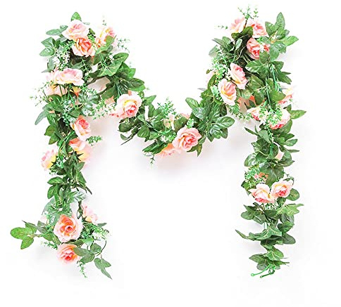 AWAVM 2-pack falska rosor, klätterväxter, (4,4 m) champagnefärgad konstgjord blomma, hängande rosenkrans för hem, hotell, kontor, bröllopsfest, trädgård, hantverk, art deco, bågarrangemang, dekoration