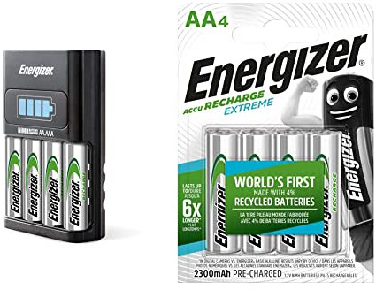 Energizer Battery Charger for AA and AAA Batteries, Recharge Pro, (4x AA Rechargeable Batteries Included) & Rechargeable Battery AA, Recharge Power Plus, 4 Pack