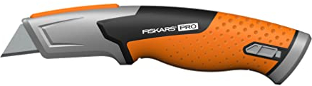 Fiskars Pro Cúter de seguridad con hoja retráctil, Longitud 17,7 cm, Acero inoxidable/plástico, Negro/naranja, CarbonMax, 1062938