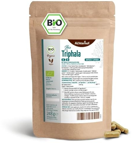 Triphala Kapseln Bio 400 Stück | Nachfüllpack | mit je 500mg Triphala-Pulver | Kombination aus Amalaki, Bihitaki und Haritaki | 100% vegan | vom Achterhof