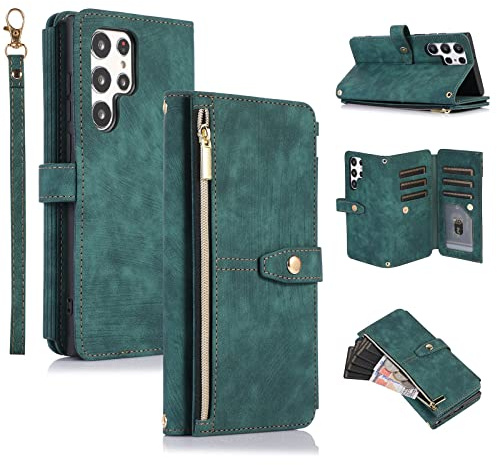 UEEBAI Hülle für Samsung Galaxy S22 Ultra 5G, Leder Klapphülle, Retro Grün | 9 Kartenfäche Lederhülle mit Umhängegurt Handschlaufe Ständer Reißverschluss Handyhülle Magnetverschluss Wallet Flip Case