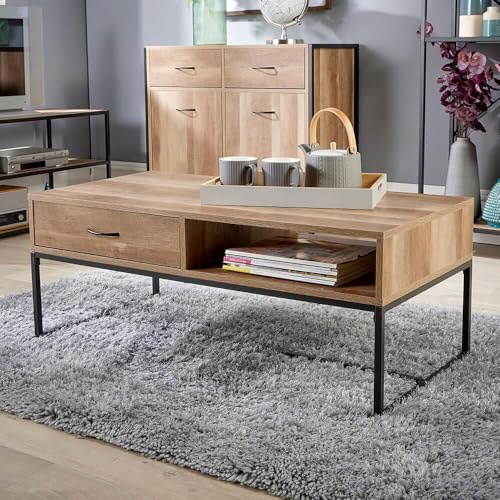 Home Source Modern Coffee Table, 1 Drawer, 1 Shelf Storage, Weathered Oak Effect Finish