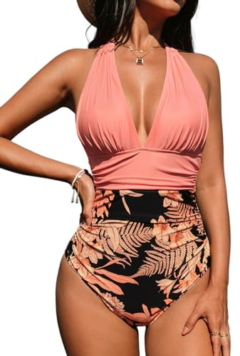 CUPSHE Maillot De Bain Une Pièce pour Femme Col V Licou Dos Nu Froncé Amincissant Contrôle Ventre Vintage Swimsuit Rose Corail M