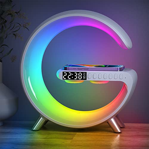 Atmosphärenlampe mit Kabellosem Ladegerät, LED Tischlampe Dimmbare App-Steuerung Nachtlicht-Touch-Lampe mit Musik-Sync Bluetooth-Lautsprecher USB-Aufladbar RGB Nachttischlampe mit Ladefunktion und Uhr