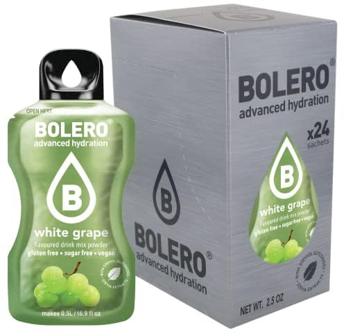 Bolero Uva blanca 24 x 3 g, jugo en polvo sin azúcar, endulzado con stevia + vitamina C, adecuado para niños, atletas y diabéticos, sin gluten y apto para veganos