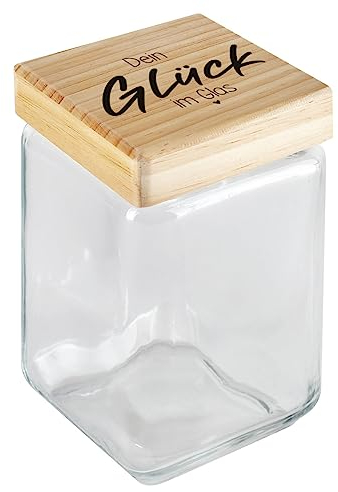 Herz & Heim® Vorratsglas mit Holzdeckel inkl. individuellem Aufdruck Glück im Glas, 11 cm x 11 cm x 18,5 cm (B/T/H)