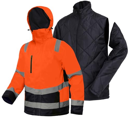Work IDEA mångsidig 3-i-1-arbetsjacka med reflektorer – vattentät, vindtät, andas – perfekta vinterarbetskläder och varningsskyddsjacka för alla årstider, apelsin, 3XL