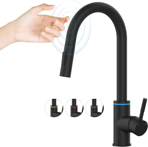 Homesbrand Black Brushed Stainless Steel Kitchen Sink Tap with LED Display, Touch Control, 360° Swivel, Pull-Out Spray, 2 Spray Modes, Temperature Adjustment Faucet (Black+LED+Touch Control)