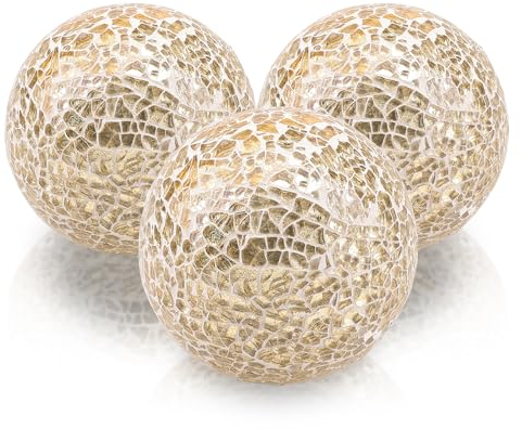 Folmywy 3 Pack Dekorative Glaskugeln 8,5cm Tafelaufsatz Kugel Set Spiegel Glas Sphäre Mosaik Solid Gold Runde für Schalen Vasen Esstisch Dekor Tablett