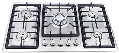 Fornello a gas a 5 fuochi, piano cottura a gas da incasso, in acciaio inox, per gas naturale, piano cottura per casa e camper, accensione a batteria, 86 x 51 cm