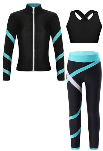 YiZYiF Kinder Eiskunstlauf Anzug Mädchen 3er Sport Oufit Langarmjacke Crop Tank Top Und Leggings Set Eislaufen Trainingsoutfit Tanzanzug Blaugrün_N 158-164