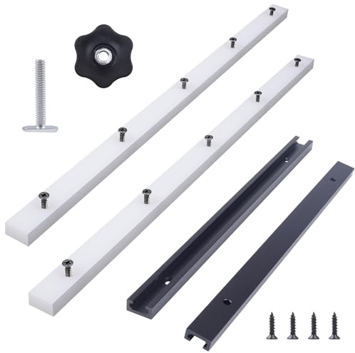 Happara Kit de trineo de corte transversal para sierra de mesa con 2 barras de inglete UHMW, 2 pistas de aluminio, 1 perilla y 1 perno a lo largo, agujeros preperforados y 20 tornillos incluidos para