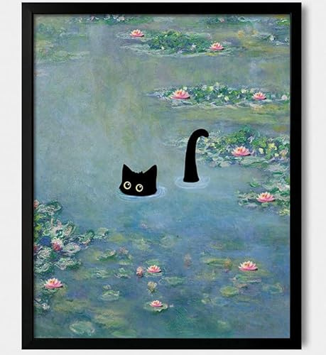 Hamduker Lustige schwarze Katzen-Wandkunst, Monet-Kunst, Seerose, Katze, Wandkunst, Dekoration, adrette, ästhetische Katze, Poster für Schlafzimmer, Badezimmer, Wohnzimmer (Größe: 40,6 x 50,8 x 1