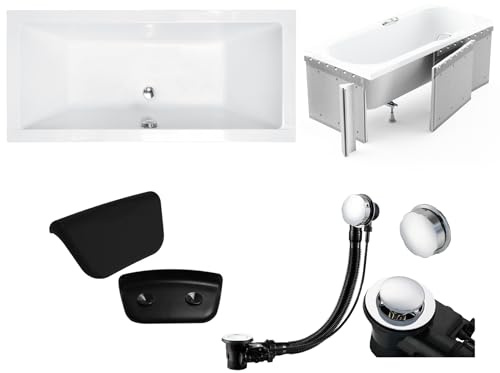 KOLMAN KOMPLETTSET 5in1 Acryl Weiß Wanne Badewanne Rechteck 190x90 cm QUADRO Made in EU + Styroporverkleidung + Badkissen KODI in Schwarz, mit Premium Ablaufgarnitur in Chrom & Wannenfüße