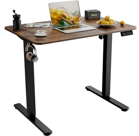 ERGOMAKER Elektriskt Skrivbord 90x60 cm, Ståbord med Höjdjustering, 2 Minneslägen & 2 Krokar, Skarvad Topp, för Hemma & Kontor, Rostbrun
