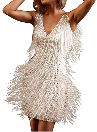 Fransenkleid Damen Tiefer V-Ausschnitt Abendkleid Pailletten Ballkleid Ärmelloses Quaste Minikleid Einfarbig Glitzerkleid Kurzes Kleid Sexy Tanzkleid Club Kleider Partykleid Holiday Dress