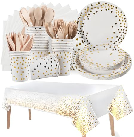176 Pieces Happy Birthday partygeschirr Set | Kindergeburtstag Weiß Gold pappteller Geburtstag partygeschirr geschirrset, Tablecloth, Plates, Cups, Napkins,Aus 100% Papier (25 Gästes)