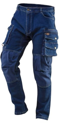 Popoqo Mens Slim Fit Stretch Heavy Duty Work Jeans with Knee Pad Pockets Denim Pants Multi Pockets Pro Builder Premium Cargo Combat Work Trousers (UK, Waist & Inseam, 36, 32, Dark Blue)