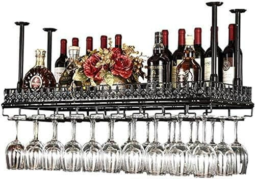 MISTRARA Estante para vinos con Soporte para Copas, Estante para Botellas de Vino, Soporte para Pared, Estante de Hierro para Colgar, Soporte para Copas de Vino, Negro, 120 x 35 cm