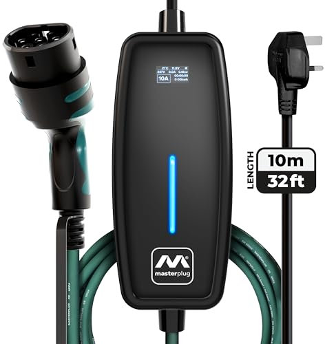 Masterplug EV Charging Cable for Electric and Hybrid Vehicles, 10 Metres, Mode 2, 3 Pin UK Plug to Type 2 Car Charger, 2.4kW, EVCM221010