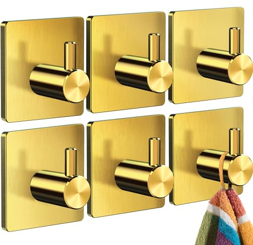 4happy Set mit 6 Handtuchhalter ohne Bohren, Klassisch, Fb. Gold | Edelstahl Klebehaken, wasserdichte Haken selbstklebend, praktische Handtuchhaken, Badezimmer Handtuchhalter