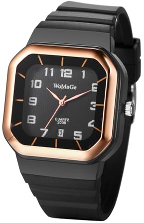 JewelryWe Damenuhr Silikon Quadratische Uhren Kalender Analog Quarz Armbanduhr Damen Herren Silikonarmband Sport Uhr mit Rechteckigem Gehäuse und großen arabischen Zahlen