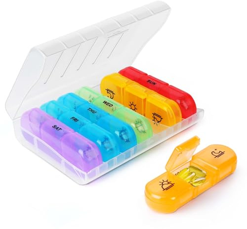Tablettenbox 7 Tage, Medikamentenbox 7 Tage mit 3 Fächern für Morgens, Mittags und Abends, Montag bis Sonntag, Tragbare Tablettenbox für Medikamente, Vitamine und Nahrungsergänzungsmittel, BPA-frei
