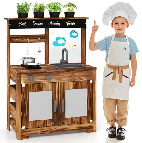 HOMASIS Cuisine d'extérieur en bois, cuisine jouet pour enfants combine cuisine et jardin, cuisine éducative avec tableau blanc, panneaux acryliques, évier et robinet pour enfants à partir de 3 ans