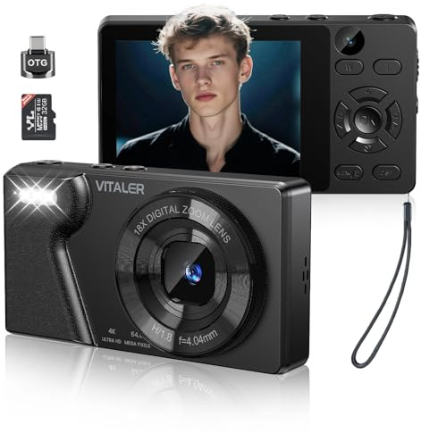 Digital Camera 4K 64MP Compact Camera with Dual Lens,2000mAh Battery,2.8 IPS Screen,18X Digital Zoom,32GB Micro SD Card and OTG Adapter Auto-Focus Small Camera for Kids,Teenagers,Beginners,Black