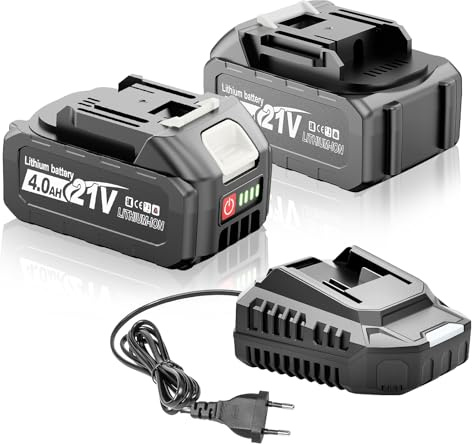 Yofuly 21V 2 x 4,0 Ah Batterie Lithium-ION Haute Capacité + Chargeur, Compatible avec Les Outils Yofuly 18V/21V, avec Affichage LED, Longue Durée de Vie et Recharge Rapide et Sûre