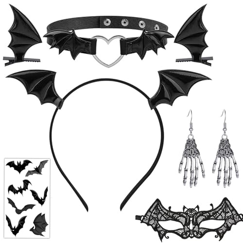 YDUNARISE Halloween Accessoires Damen, mit Haarreif, Spitze Halbmaske, Totenkopf Ohrringe, Spinne Temporäre Tattoo und Halskette, für Halloween Karneval Fasching Motto Gothic Party