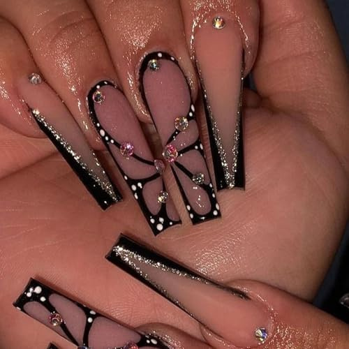 Viugex 24Pcs Nägel zum Aufkleben Lang Sarg, Schwarz Schmetterling Press On Nails, Ballerina Künstliche Fingernägel zum Aufkleben mit Strass, Natürlich Kunstnägel Acryl Falsche Nägel für Frauen Mädchen
