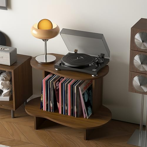 DKPLOE Plattenspieler Tisch Holz mit Vinyl Regal für 30-40 Schallplatten | Praktische Vinyl Aufbewahrung für Plattenspieler, CDs und Bücher. Holzdesign für stilvollen Musikbereich(Braun)