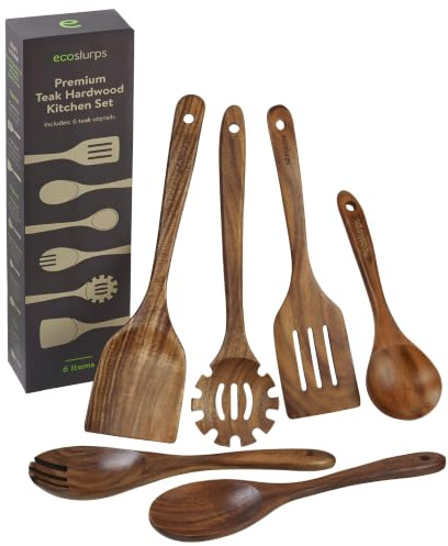 EcoSlurps 6 Premium Teak Wood Kitchen Utensil Set - British Designed Wooden Cooking Utensils - Plastic Free Wooden Spoons and spatulas - Luxury Kitchen Gift (6 Cooking utenils Set)