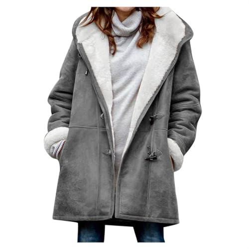 Wintermantel Damen Lang Winterjacke Hornknopf Jacke Fleece Mantel Gefüttert Fleecejacke Parka Kapuzenjacke Oversize Übergangsjacke Plüschjacke mit Kapuze Winter Damenjacke Warm Hoodie Trenchcoat