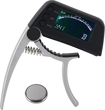 Fafeicy Gitarre Kapodaster Stimmgerät 2 in 1 Capo mit LCD für Akustische Elektrische Klassische Gitarren Ukulelen (SILBER)