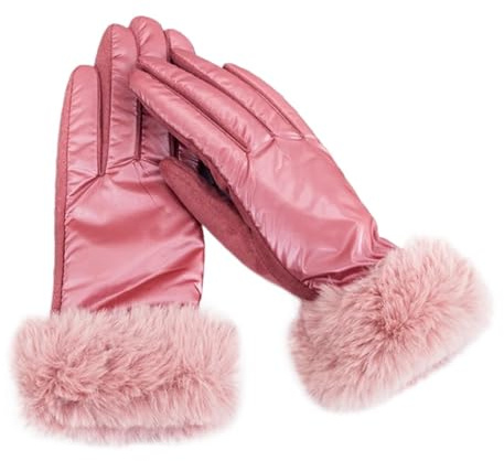 PPQIRU Damen-Lederhandschuhe Frauen Winter Warm Wildleder Leder Handschuh Weibliche Faux Pelz Plus Samt Dicke Fahren Handschuhe(Pink)