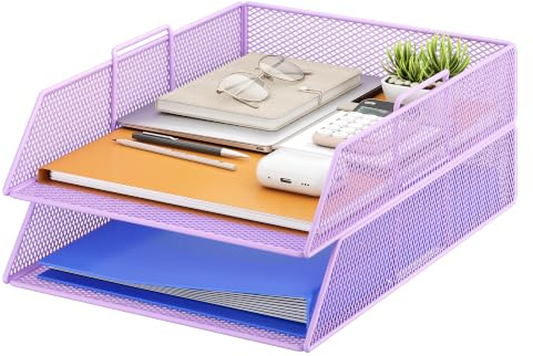 VITVITI Corbeille à Courrier Empilable à 2 Niveaux pour Bureau, Organiseur de Bureau, Bacs à Dossiers pour Accessoires de Bureau, Accessoires pour Courrier avec Porte-Stylo, Violet