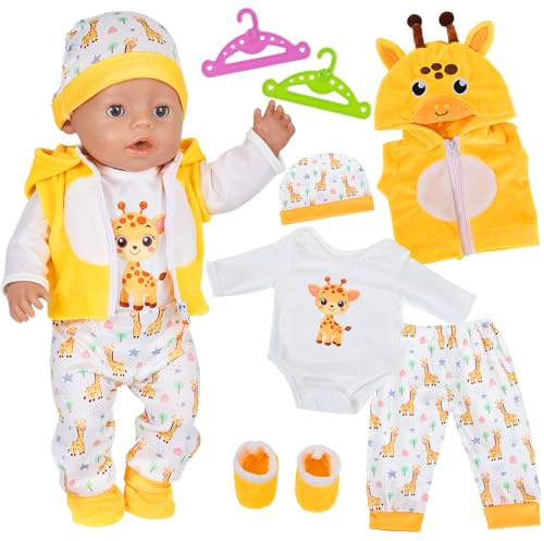 7 Stück Puppenkleidung für 35-43cm Baby Puppen, Gelbe Giraffen Kleidung Outfits mit Jacke Oberteil Hosen Hut Socken 2 Kleiderbügel Puppenkleidung 36 cm 38cm 43cm für 14-18zoll Puppenzubehör Geschenke