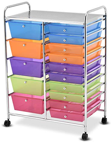 COSTWAY Rollwagen mit 15 stapelbaren Schubladen, Transparentes Bunt | Rollcontainer mit Metallgestell & Ablagefläche, Badrollwagen Aufbewahrungswagen für Büro, Wohnzimmer, 62,5 x 37 x 87 cm