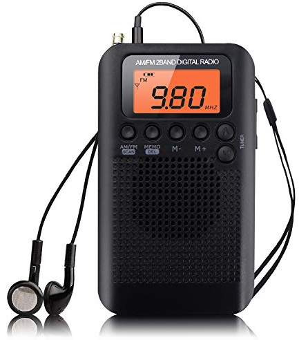 Benss Pocket Portable Mini AM FM Radio Digital Tuning Stereo Personal Radio with Earphone, Alarm Clock and Timer for Walking Running Jogging Supports Replaceable Battery AAA (Black)