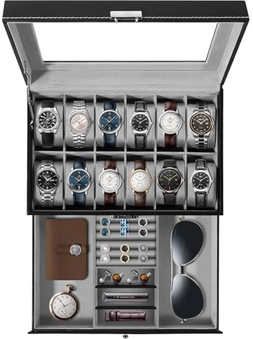Uten Boîte à montres, 12 emplacements en cuir synthétique avec tiroir à bijoux, coussin de montre amovible, fermoir en métal, boîte de rangement pour montres