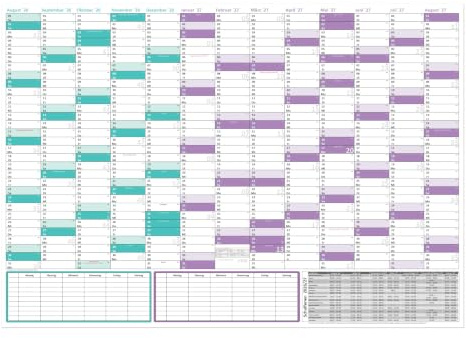 Schuljahreskalender 2026/2027 DIN B1 700 x 1000 mm, 13 Monate August 2026 bis August 2027, nass abwischbarer Wandkalender, matt, gerollt, Schulkalender Jahresplaner