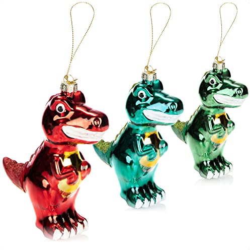 COM-FOUR® 3X décorations d'arbre de Noël Premium - Dinosaures décoratifs en Verre - Boules d'arbre comme décorations de Noël - pendentifs d'arbre de Noël (Dinosaure - 3 pièces)