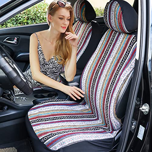 Tirol Car Seat Covers Front, Multicolor, Fabric, Compatible with Car, Truck, SUV, Detachable Headrest, Stripe Seat Cover, High Elastic, 2 Front Seat Covers & 2 Seat Head Covers