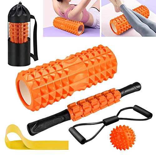 Faszienrolle, Qveetry Foam Roller Faszienrolle Sets mit Massageroller Stab, Widerstandsbänder Krafttraining, Massageball, Fitnessbänder, 33cm Schaumstoffrolle für Yoga Pilates, mit Poster (Orange)