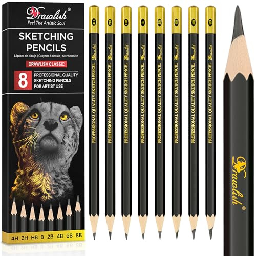 Set di 8 matite da disegno, B, 2B, 4B, 6B, 8B, HB, 2H, 4H. Matite da disegno con mina in grafite e legno di alta qualità, ideali per schizzi, ombreggiature e scarabocchiare, per principianti e