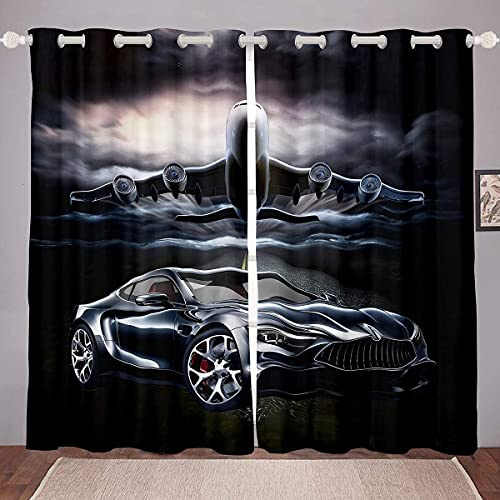 Homemissing Flugzeug Vorhänge Flugzeug Fliegen Sportwagen Blickdichte Vorhänge für Jungen Mädchen Kinder Jugendliche Schlafzimmer Dekor Cool Stil Reisen Dekor Fenstervorhang 175x140cm 2 Paneele