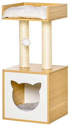 PawHut Arbre à Chat Griffoir pour Chat Niche Maison pour Chat 81 cm | Arbre à Grimper, Plate-Forme Supérieure, Balle Suspendue